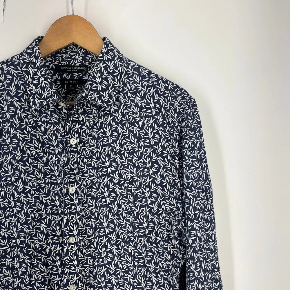 Banana Republic Mens Slim Fit 100% Linen Leaf Print Button Down Shirt Navy M